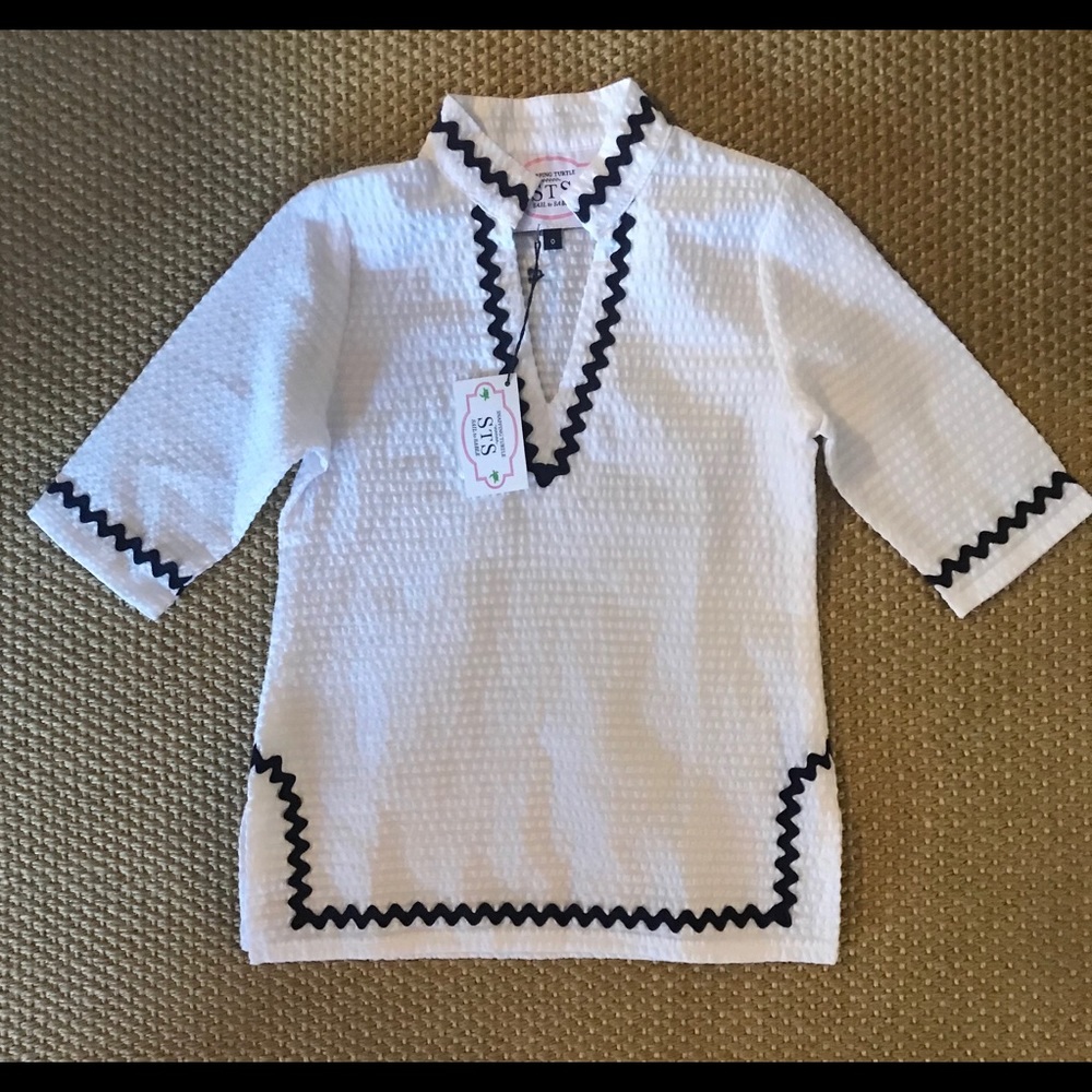 White Seersucker Tunic w/ Navy Sail to Sable - Picture 1 of 5